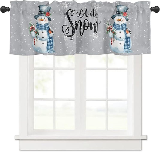 Snowman Christmas Valance Curtains for Kitchen Windows Let It Snow Winter Holiday Rod Pocket Window Treatment Toppers for Kitchen/Living Room/Bedroom/Bathroom, 42" X 18", Grey White