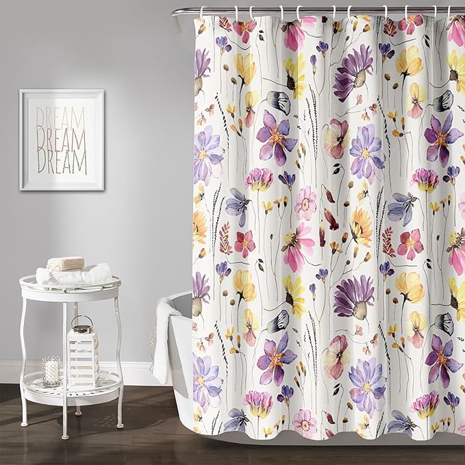 AILONEN Solemn Flowers Shower Curtain,Daisy Theme Bathroom Shower Curtain for Girls Kids Teens, 60" W*72" H Watercolor Patchwork Flowers Bathroom Decor for Bathroom
