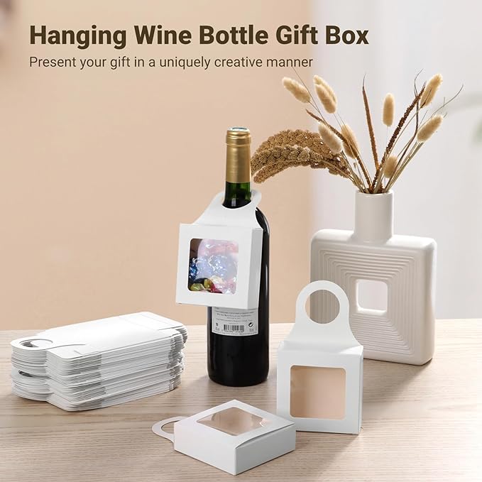 Tideme 50 PCS Wine Bottle Boxes, White Kraft Paper Wine Gift Boxes, Hanging Foldable Wine Bottle Box with Clear Window, Empty Wine Bottle Hanger Favor Box for Chocolates, Candies, Cookies