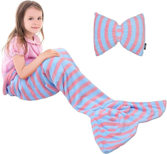 Catalonia Kids Mermaid Tail Blanket Pillow Cushion,Super Soft Coral Plush Fleece Mermaids Gift Snuggle Sleeping Bag for Girls Teens Children 60 x 21 Light Blue