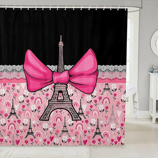 Feelyou Eiffel Tower Shower Curtain 72"x72" Kids Romantic Paris Bowknot Bathroom Shower Curtain Set for Boys Girls Teens Black Pink Bath Curtain Modern French Bathroom Accessories