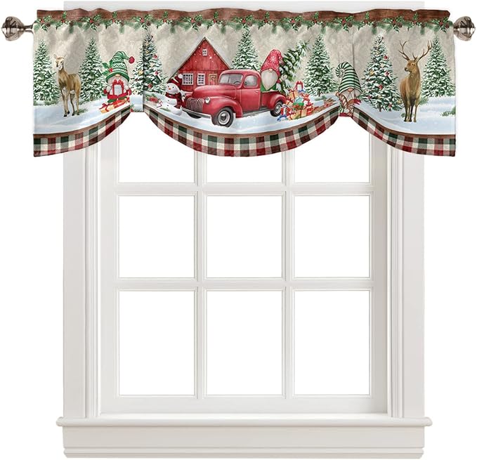 Christmas Farmhouse Blackout Tie Up Valance Curtains for Kitchen Windows Red Truck Gnomes Window Toppers Balloon Shades for Living Room/Bathroom/Bedroom,1 Panel,54" X 18" Winter Holiday Snowman