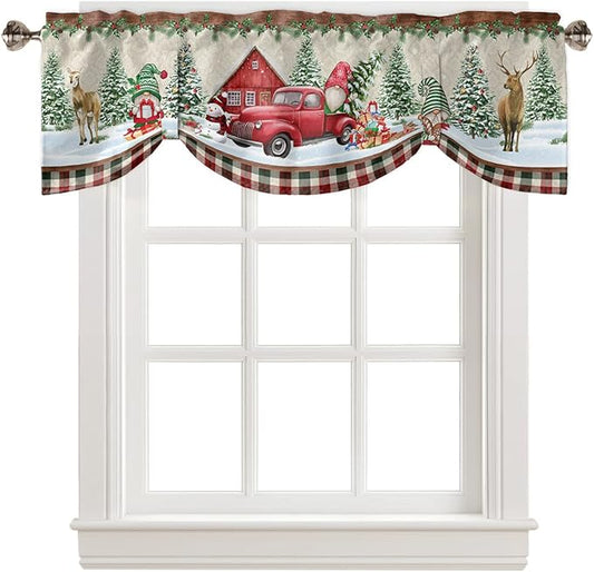 Christmas Farmhouse Blackout Tie Up Valance Curtains for Kitchen Windows Red Truck Gnomes Window Toppers Balloon Shades for Living Room/Bathroom/Bedroom,1 Panel,42" X 18" Winter Holiday Snowman