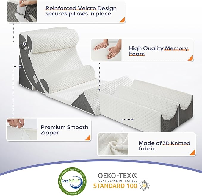 GOHOME 8pcs Orthopedic Bed Wedge Pillow Set for After Surgery, Memory Foam for Knee, Lumbar and Back Pain Relief Adjustable Support Pillows - Acid Reflux, Heartburn, Anti Snoring & GERD Sleeping