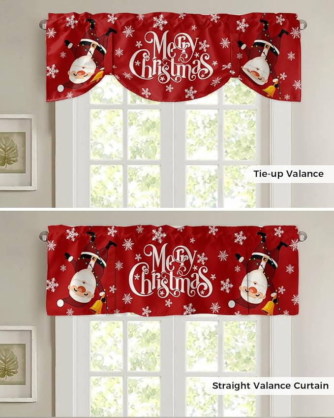 Red Merry Christmas Blackout Tie Up Valance Curtains for Kitchen Windows Funny Hanging Santa Window Toppers Balloon Shades for Living Room/Bathroom/Bedroom,1 Panel, 42" X 18", Snow Winter Holiday