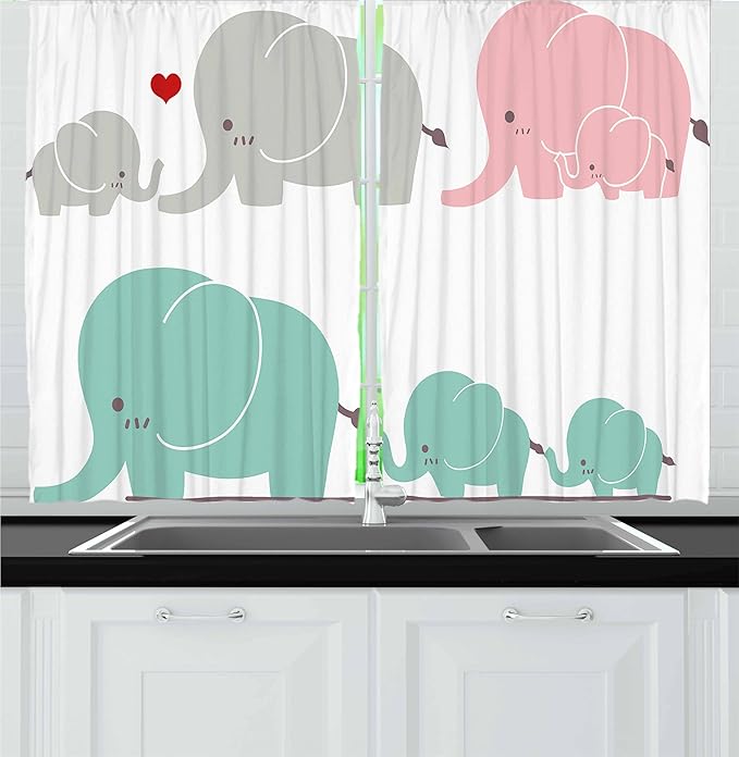 Ambesonne Nursery Kitchen Curtains, Family Love Theme Elephants Mother's Day Theme Baby Children, Window Drapes 2 Panel Set for Kitchen Cafe Decor, 55" x 30", Seafoam Pink