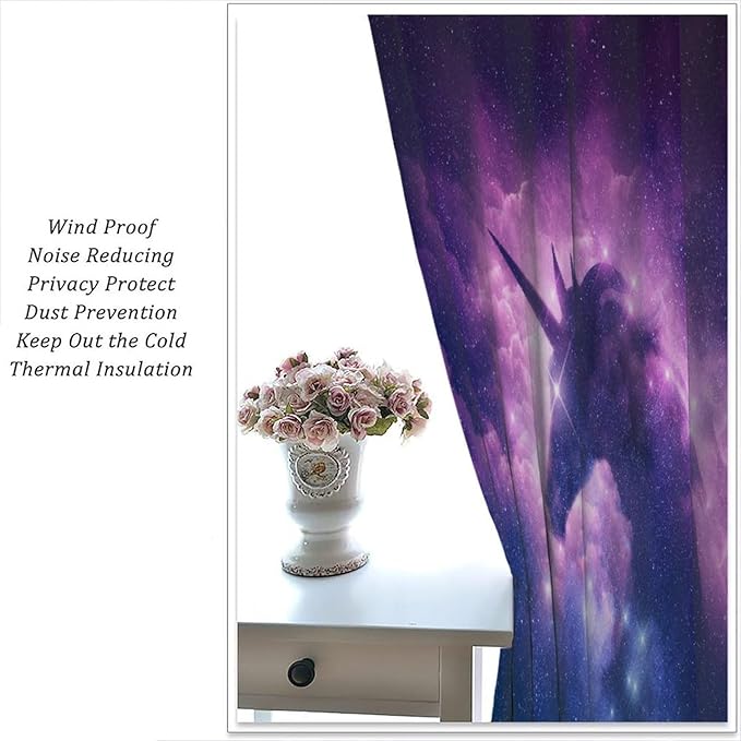 Unicorn Curtains Children's Cartoon Starry Sky Theme Unicorn Pattern Curtains Star Galaxy Boys Girls Room Blackout Curtains 63x63 Inch 2 Panels