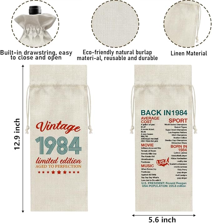 40th Birthday Gifts Wine Bag Congratulations Gifts for Men Women Mom Dad 1984 with Time Information Wine Gift Bag
