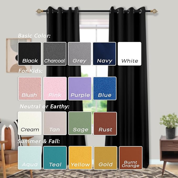 Mrs.Naturall 96 Inch Curtains 2 Panel Set,Black Out Grommet Blackout Curtain Drapes 96 Inches Long 2 Panels for Bedroom Living Room