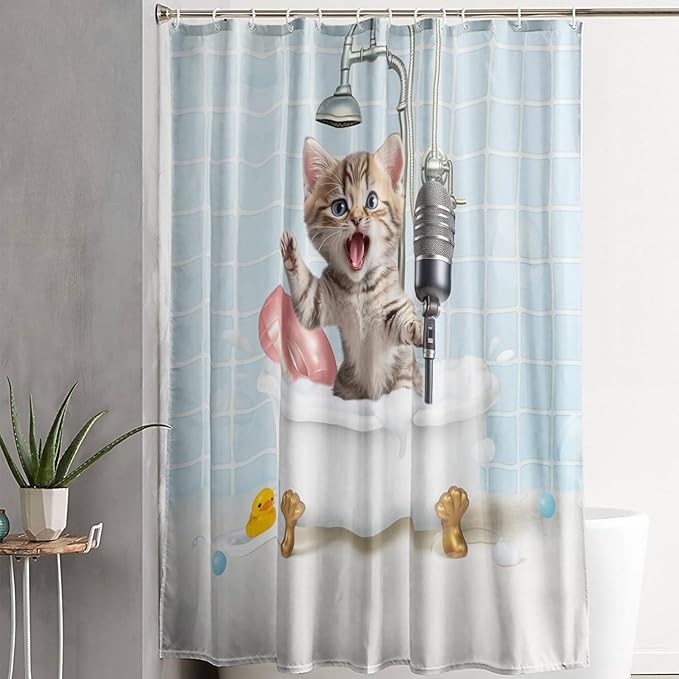 AILONEN Cute Shower Cat Shower Curtain for Kids Boys,Funny Singing Cat Waterproof Fabric Shower Curtain for Bathroom,Cartoon Bathing Kitten Animal Shower Curtain Set with Hooks,72" W*78" H