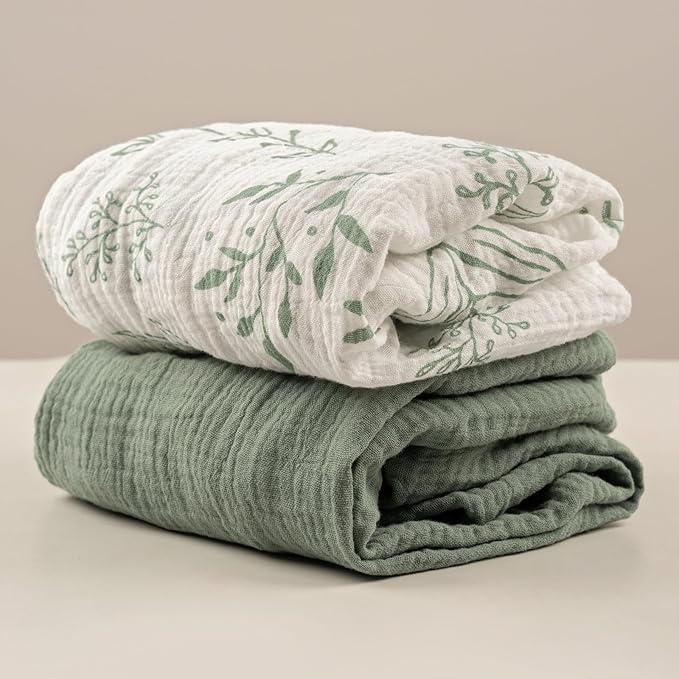 Muslin Bassinet Sheets 2 Pack for Baby Boy and Girl, Breathable Elastic Cozy Fitted Cotton Bassinet Mattress Sheet, Universal Fit for Hourglass Oval and Rectangle Bassinet Mattress (Natural Leaves)