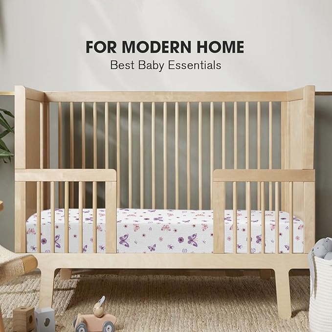 Muslin Crib Sheets, 2pk Neutral Fitted Baby Toddler Bed Sheets for Standard Crib Mattress & Toddler Bed Mattress, 28 x 52 inches, Purple Butterfly