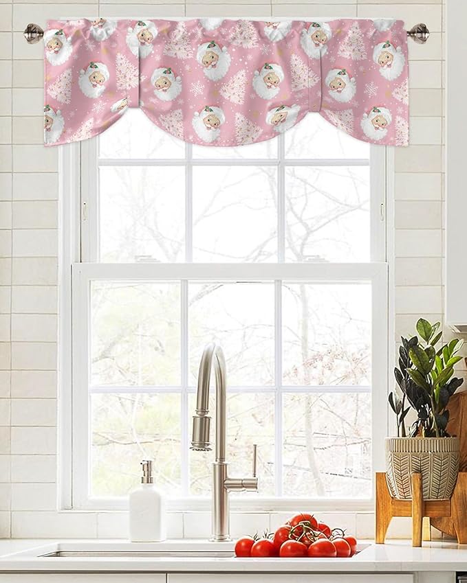 Pink Christmas Blackout Tie Up Valance Curtains for Kitchen Windows Santa Claus Merry Christmas Tree Window Toppers Balloon Shades for Living Room/Bathroom/Bedroom,1 Panel, 60" X 18", Winter Snowflake