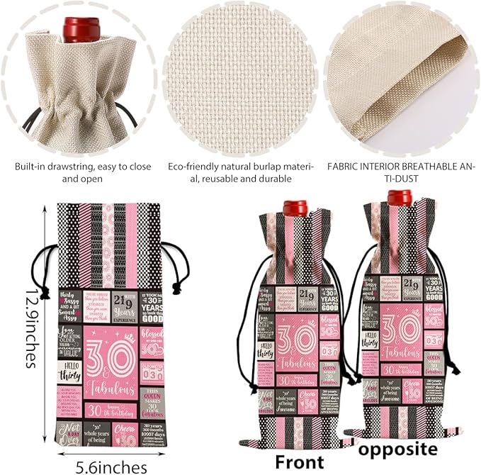 Funny 30 Year Old Birthday Gifts for Women Wine Bag, Happy Anniversary 30th Birthday Party Decorations for Him Her Wine Bags, 30th Birthday Gifts for Her Men Women Wine Bottle Bag