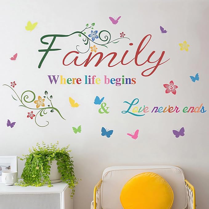 Family Wall Sticker, Inspirational Wall Decor Home Wall Decoration Warm Quotes Sticker Waterproof Removable Butterfly Sticker Letter Word Decal for Bedroom Dining Room Kitchen Wall Art Decor(Colorful)