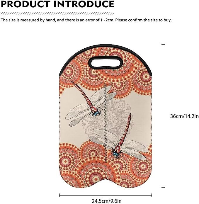 doginthehole Dragonfly Wine Carrier Tote Bag Insulated Neoprene Wine Bottle Holder Boho Style Champagne Bottles Protective Travel Bag Water Bottle Holder, 2 Bottles