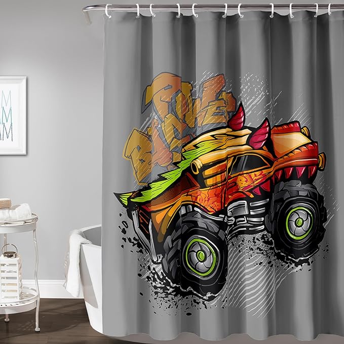 AILONEN Truck Shower Curtain for Kids Boys Teens,Red Monster Truck Bath Curtain for Bathroom Decor,Jam Truck Polyester Waterproof with 12 Plastic Hooks 72" W*78" H