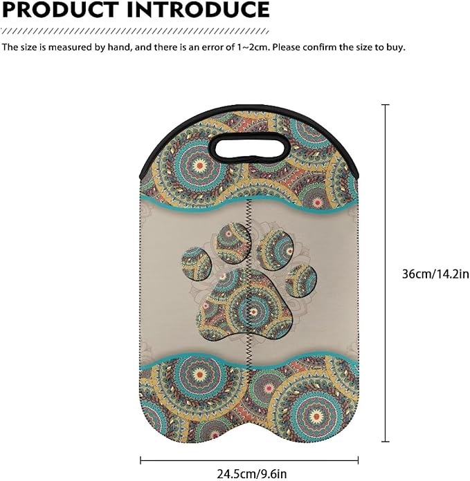 doginthehole Boho Dog Paw Print Wine Carrier Travel Bag 2 Bottle Wine Tote Portable Neoprene Champagne/Water Bottle/Beer/Drinks Carrying Bag for Travel, Picnic, Party