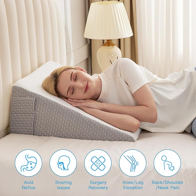 Wedge Pillow for Back Pain Relief, Bed Wedge Pillow for Sleeping, 24×24×10 Inch Memory Foam Anti Snore Pillow, Triangle Pillow Wedge for Sleeping Acid Reflux, Gerd, Elevated Pillow White/Grey