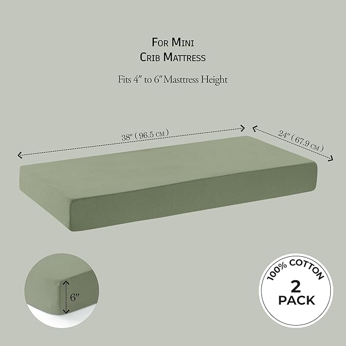 Mini Crib Fitted Sheet, 100% Cotton Knitted Jersey, Pack n Play Sheet, Breathable, Fitted Crib Sheets, Super Soft, Toddler Fitted Sheet,2 Pack,Green/Flowers, 38x24x6