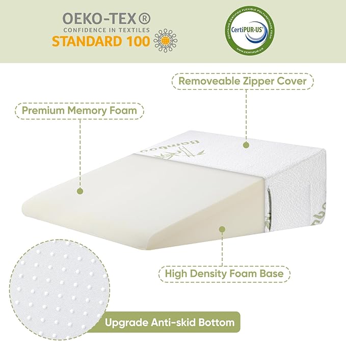 Wedge Pillow for Sleeping After Surgery 7.5" Bed Wedge Pillow with Memory Foam Top, Help with Acid Reflux Heartburn Snore Back Leg Knee Pain, Soft Comfortable, Breathable Durable, Bamboo Cooling Cover