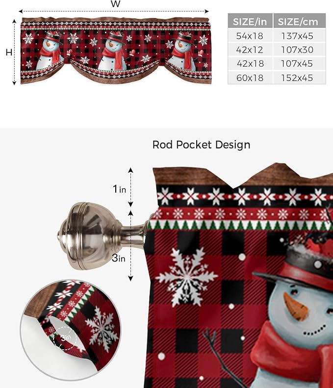 Christmas Blackout Tie Up Valance Curtains for Kitchen Windows Funny Snowman Snowflake Window Toppers Balloon Shades for Living Room/Bathroom/Bedroom,1 Panel,54" X 18" Red Farmhouse