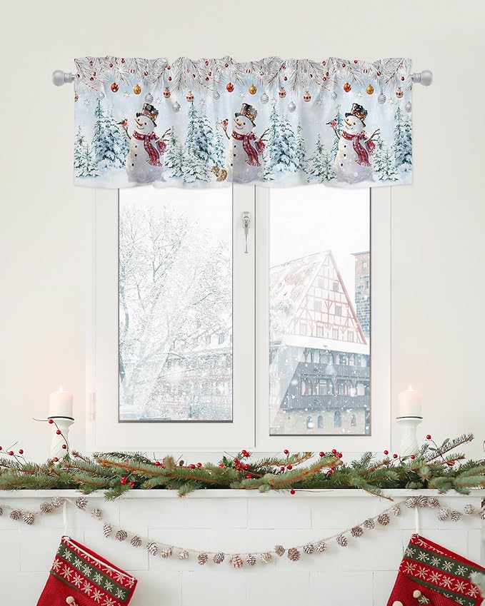 Snowman Valance Curtains for Kitchen Windows Blue Merry Christmas Tree Red Balls Squirrel Rod Pocket Window Treatment Toppers for Kitchen/Living Room/Bedroom/Bathroom, 42" X 12", Winter