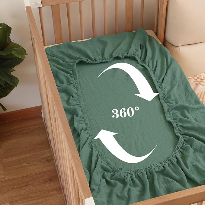 Muslin Fitted Crib Sheets for Baby Neutral Fit Standard Crib Toddler Mattress(28"x 52") 100% Organic Cotton Sheets Soft and Breathable Boho Bedding (Bottle Green&Neutral Gray)