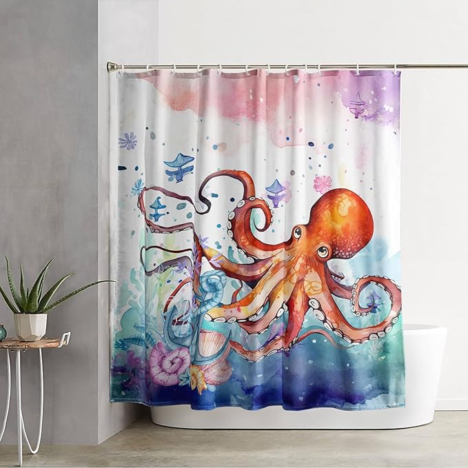 AILONEN Lovely Octopuses Shower Curtain Set, Red Cartoon Octopus Waterproof Fabric Shower Curtain for Bathroom,Watercolor Nautical Anchor Theme Cloth Bath Curtain with Hooks,72" Wx84 H