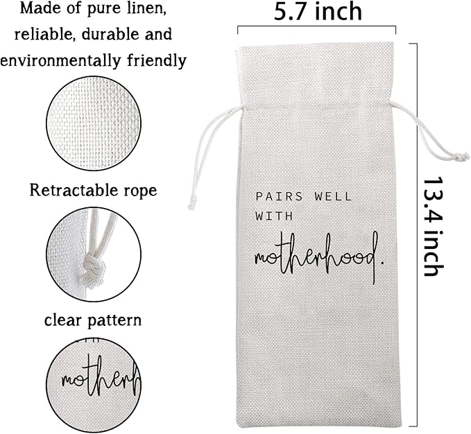 Pairs Well with Motherhood Wine Bag New Mom Gift New Baby Gift Mommy Gifts Mom Wine Bag Mother's Day Gift Drawstring Wine Bag