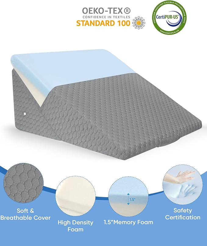 Forias Wedge Pillow for Sleeping 9 &12 Inch Adjustable Bed Wedge Pillow for After Surgery Foldable Memory Foam Triangle Pillow Wedge for Acid Reflux Snoring Post Surgery Back Leg Knee Pain - Gray