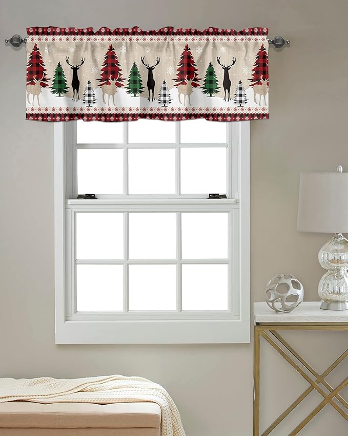 Farmhouse Christmas Kitchen Curtains Valances for Windows Rustic Plaid Christmas Tree Snowflakes Rod Pocket Short Curtain for Kitchen /Living Room/Bedroom/ Bathroom,42" X 12" -1 Panel, Red Green Black