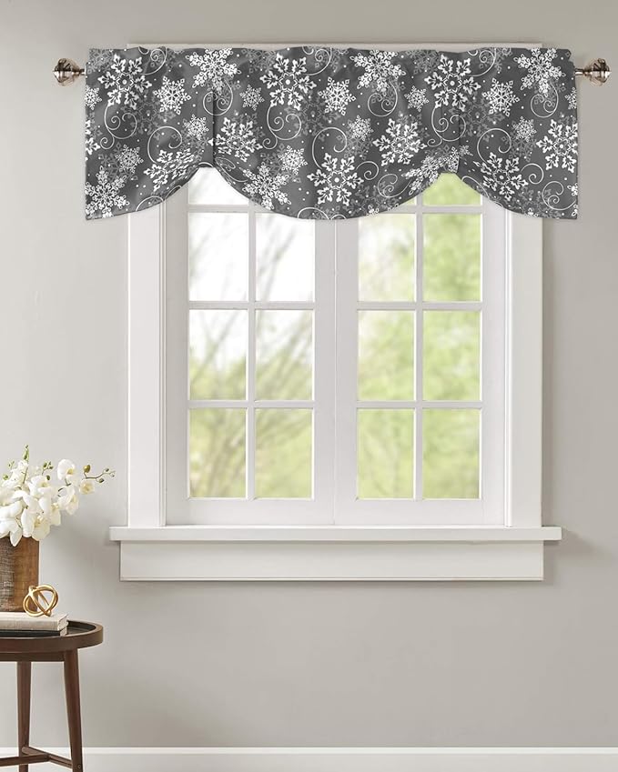 Christmas Blackout Tie Up Valance Curtains for Kitchen Windows Grey White Snowflakes Pattern Window Toppers Balloon Shades for Living Room/Bathroom/Bedroom,1 Panel, 60" X 18", Winter