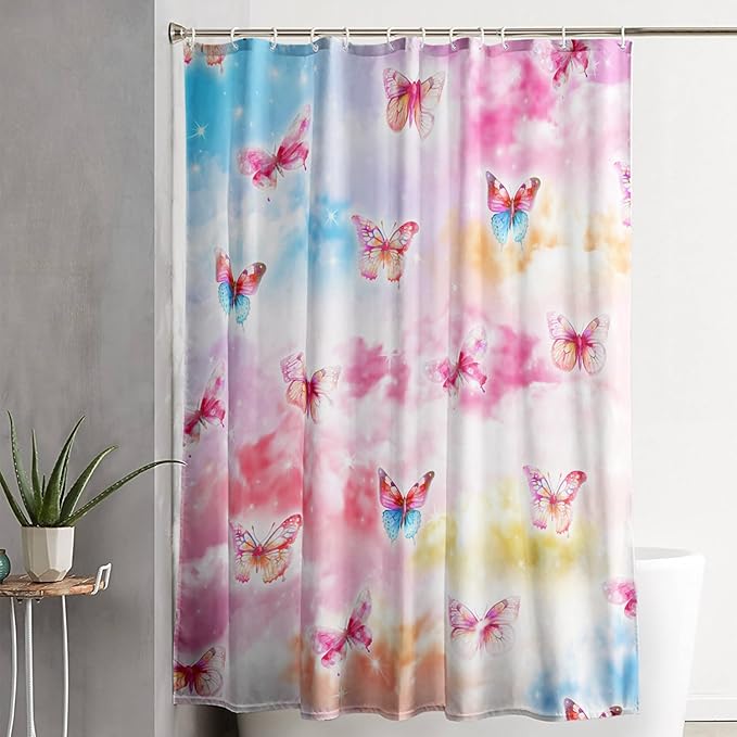 AILONEN Butterflies Shower Curtain Set, Colourful Butterfly Washable Fabric Shower Curtain for Girls,Shining Stars Waterproof Shower Curtain for Pink Lover,36" W*72" H
