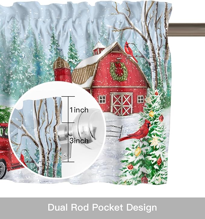 Red Truck Christmas Valance Curtains for Kitchen Windows Merry Christmas Farmhouse Rod Pocket Window Treatment Toppers for Kitchen/Living Room/Bedroom/Bathroom, 54" X 18", Winter Xmas Tree