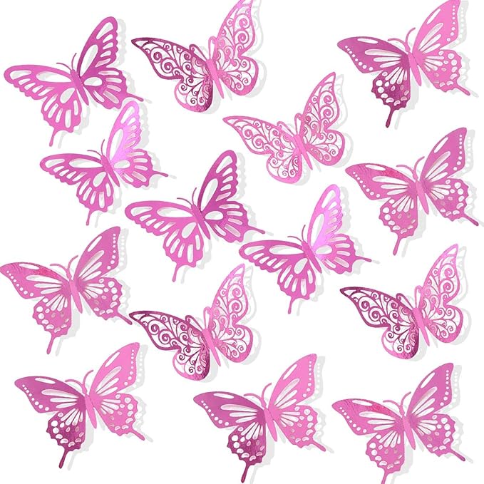 72Pcs 3D Butterfly Wall Decor 3 Sizes 3 Styles, Butterfly Decorations Party Birthday Cake Decoration, Removable Butterfly Wall Stickers for Kids Nursery Wedding Bedroom Room Decor(Pink)