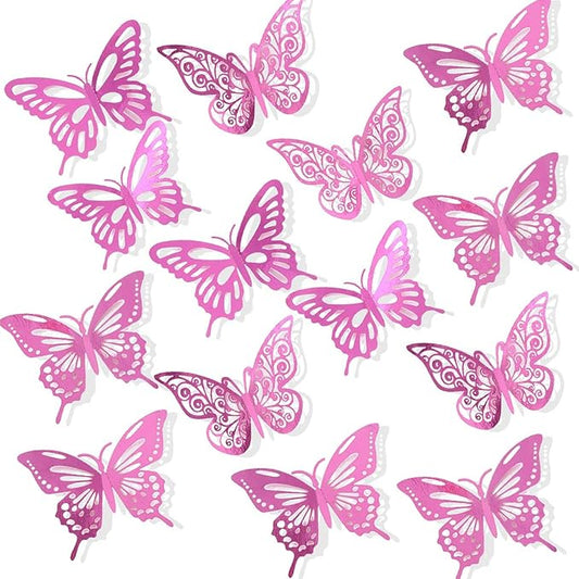72Pcs 3D Butterfly Wall Decor 3 Sizes 3 Styles, Butterfly Decorations Party Birthday Cake Decoration, Removable Butterfly Wall Stickers for Kids Nursery Wedding Bedroom Room Decor(Pink)