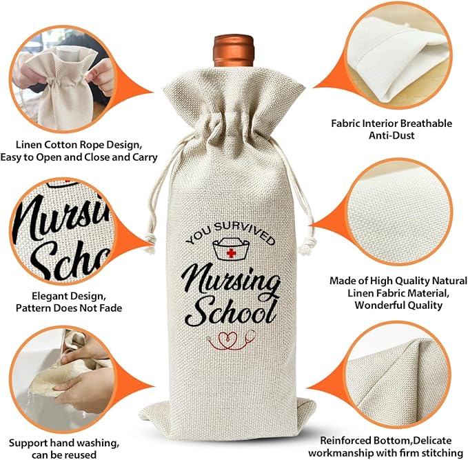 Nursing School Graduation Gift Wine Bag, Nursing School Survivor, Med School Graduation Party Gift, Nurse Appreciation Gift For Women, Nurse Day Nurse Week Gift, Cotton Linen Wine Gift Bag