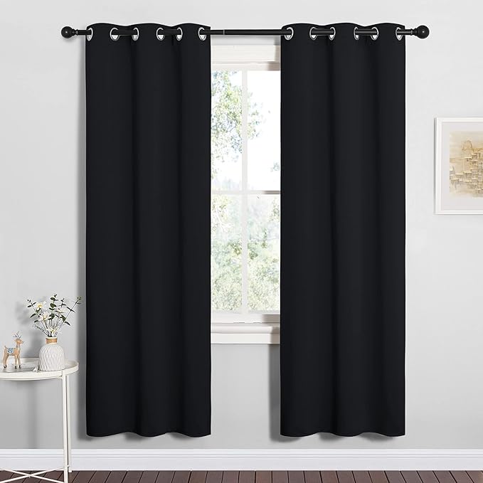 NICETOWN Halloween Bathroom Blackout Thermal Curtains and Drapes, Black Solid Thermal Insulated Grommet Blackout Drapery Panels for Window (2 Panels, 34 inches Wide by 72 inches Long, Black)