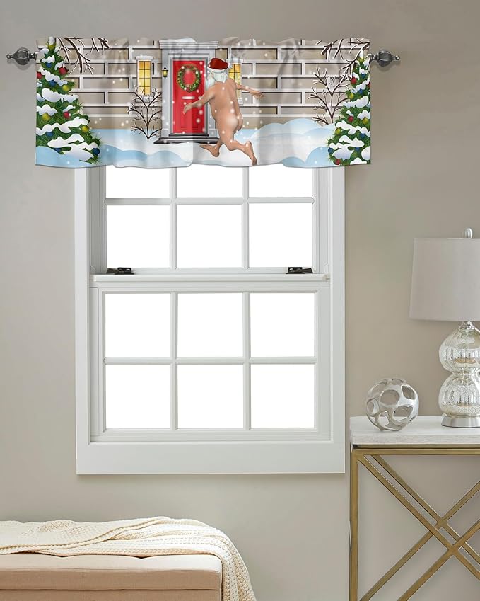 Christmas Farmhouse Kitchen Curtains Valances for Windows Funny Santa Claus Rod Pocket Window Treatment for Kitchen/Living Room/Bedroom/Bathroom,42" X 12" -1 Panel, Holly Xmas Tree