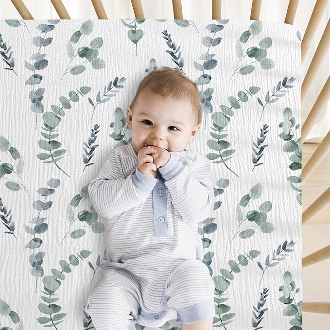 Muslin Crib Sheets, 2pk Neutral Fitted Baby Toddler Bed Sheets for Standard Crib Mattress & Toddler Bed Mattress, 28 x 52 inches, Green Leaves