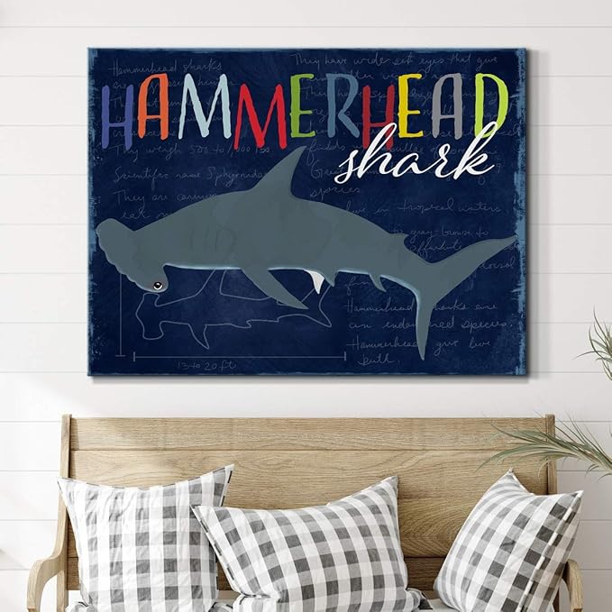 Renditions Gallery Canvas Animal Wall Art Modern Decorations Paintings Colorful Playful Hammerhead Shark Abstract Vibrant Lifestyle Artwork Prints for Kids Bedroom Nursery - 32"x48" LT33