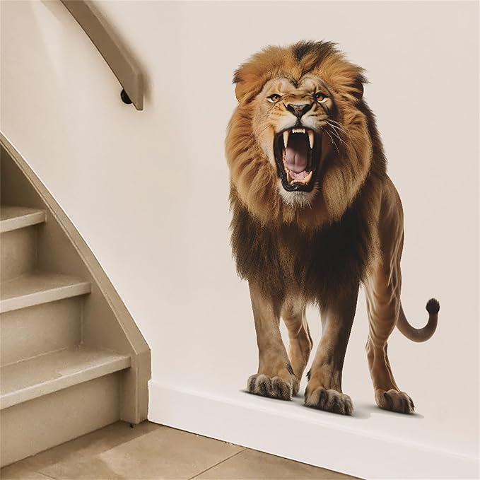 Lion Wall Decals, Vinyl Removable 3D Stickers for Bedroom Nursery Decor - Peel and Stick Cute Baby Girl Boy Toddler Kids Room Art Decoration, Woodland Forest Safari Jungle Mural Waterproof