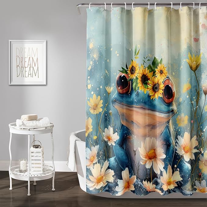 AILONEN Cartoon Frog Shower Curtain,Blue Frog with Sunflowers Polyester Cloth Bath Curtain Set for Kids Boys Girls,Amphibious Animals Shower Curtains for Bathroom,48" W*72" H