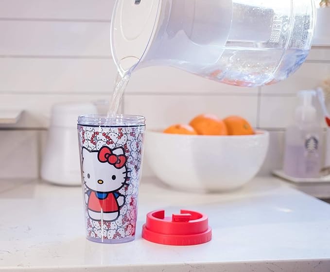 Silver Buffalo Sanrio Hello Kitty Pattern Double Wall Travel Tumbler w/Slide Close Lid, 20 Ounces, 16oz Allover Faces, 1 Count (Pack of 1)
