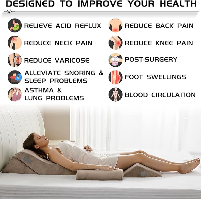 Qirroboni 4PCS Orthopedic Bed Wedge Pillow Set, Adjustable Pillows for Neck, Back and Leg Pain Relief Comfortable & Post Surgery Foam - Heartburn, Anti Snoring, Acid Reflux & GERD Sleeping Brown