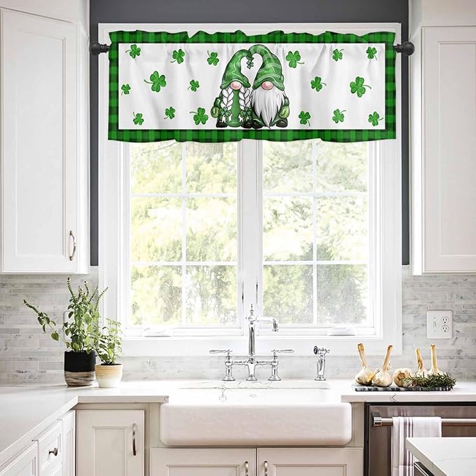 Gnome St. Patrick's Day Kitchen Curtains and Valances Set, Buffalo Plaid Shamrock Window Tiers Seasonal Spring Holiday Half/Short Curtains for Small Windows Cafe /Living Room/ Bedroom 54x24 in