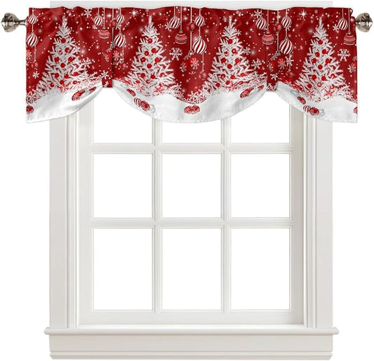 Red Christmas Blackout Tie Up Valance Curtains for Kitchen Windows White Xmas Tree Snowflakes Red Balls Window Toppers Balloon Shades for Living Room/Bathroom/Bedroom,1 Panel, 42" X 18", Winter