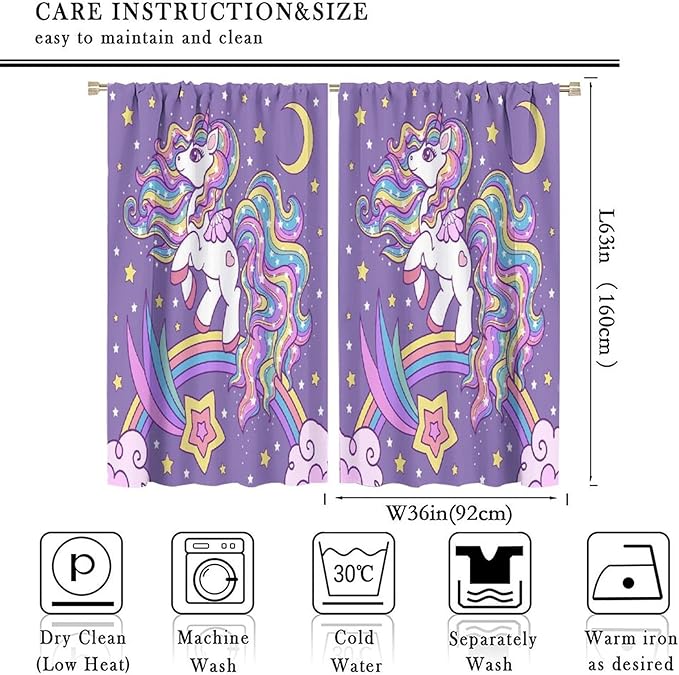 Unicorn Curtains Fantasy Star Moon Cartoon Theme Curtains Cute White Unicorn Rainbow Design Printed Curtains Boys Girls Room Curtains 72x63 Inch 2 Panels
