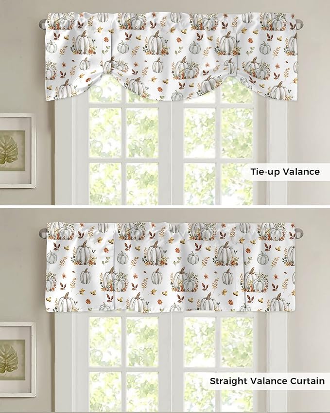 Fall Floral Leaves Blackout Tie Up Valance Curtains for Kitchen Windows Thanksgiving Pumpkins Window Toppers Balloon Shades for Living Room/Bathroom/Bedroom,1 Panel,42" X 12" Boho